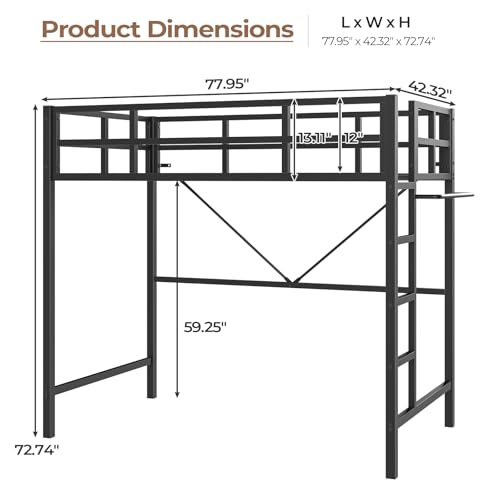 White Metal Twin Loft Bed with Ladder and Guardrail V1971