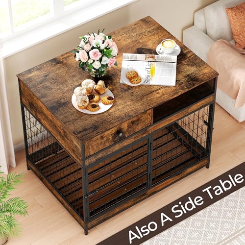 Rustic Brown 31.5 Inch Wooden Dog Crate with Storage Drawer T6345