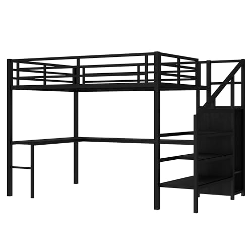 Queen Size Metal Loft Bed with LED Lights & USB Ports, White N999042