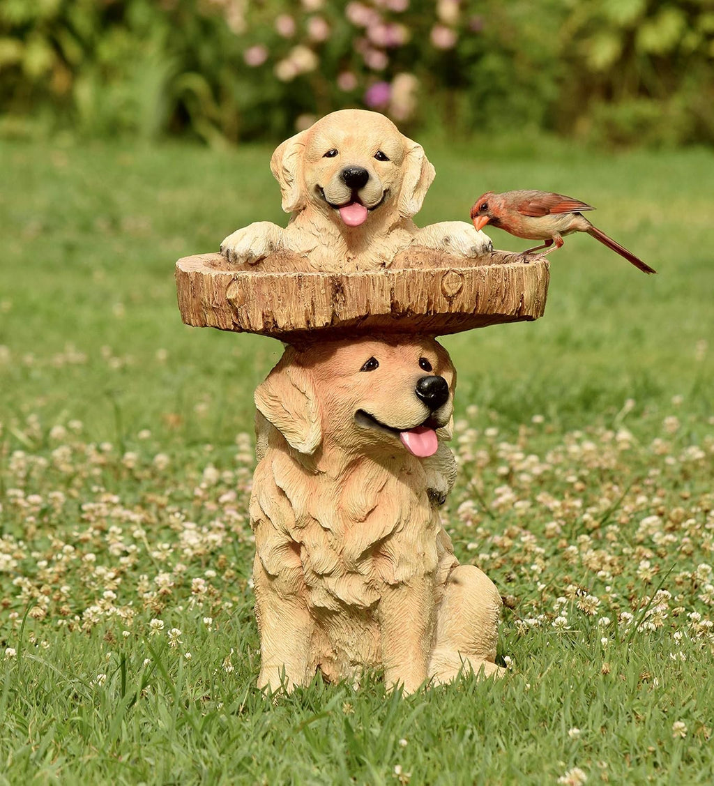 Two Playful Golden Retriever Puppies Resin Birdbath, 13¼ Dia. x 22 H M30033