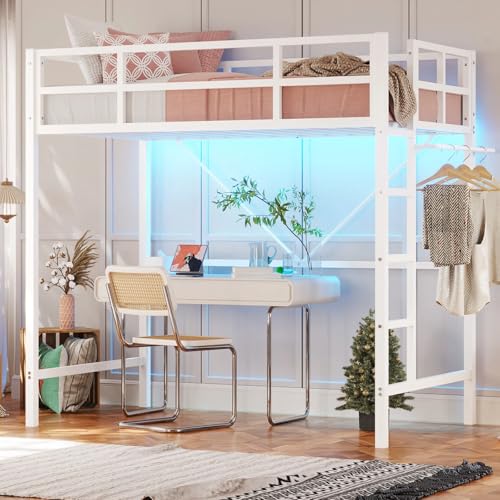 White Metal Twin Loft Bed with Ladder and Guardrail V1971
