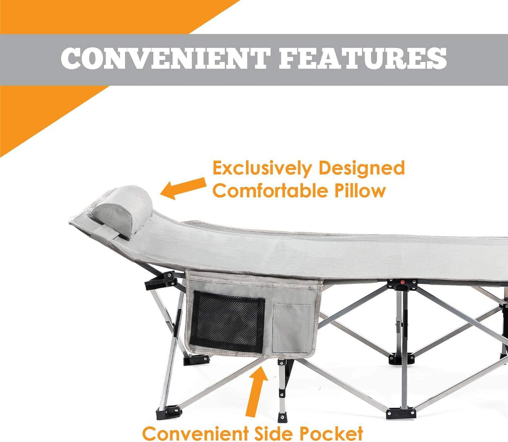 Extra Large Camping Cot Heavy Duty Compact XL Bed with Pillow Portable Folding Steel Frame Polyester 75x28” Weight Capacity 500 Lbs O343670