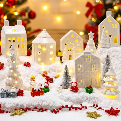 30 Pcs White Ceramic Christmas Village Set with LED Lighted Houses N1355