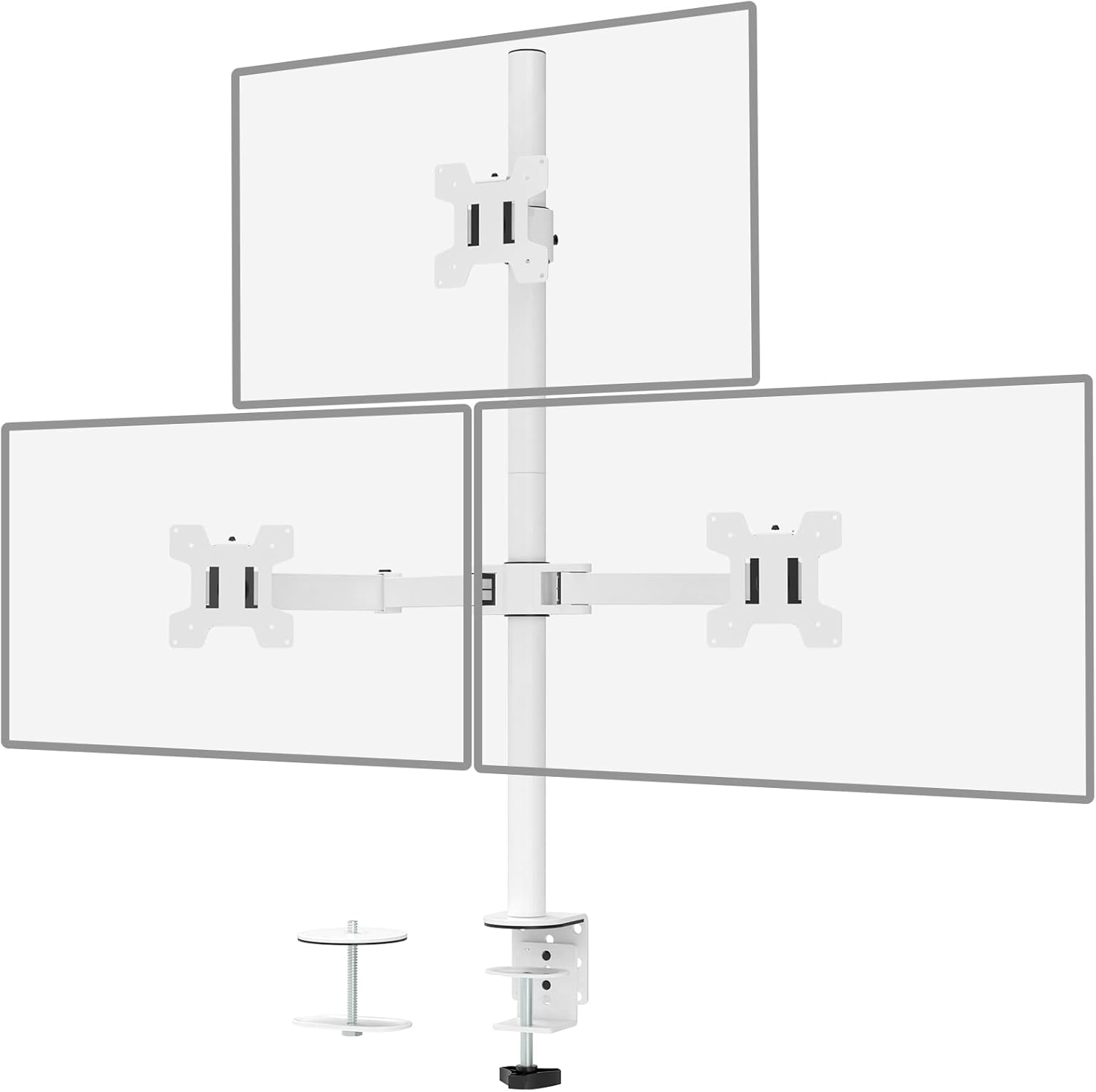 White Triple Monitor Desk Mount for 3 Screens up to 27 inch, 22 lbs. Weight Capacity per Arm O49461