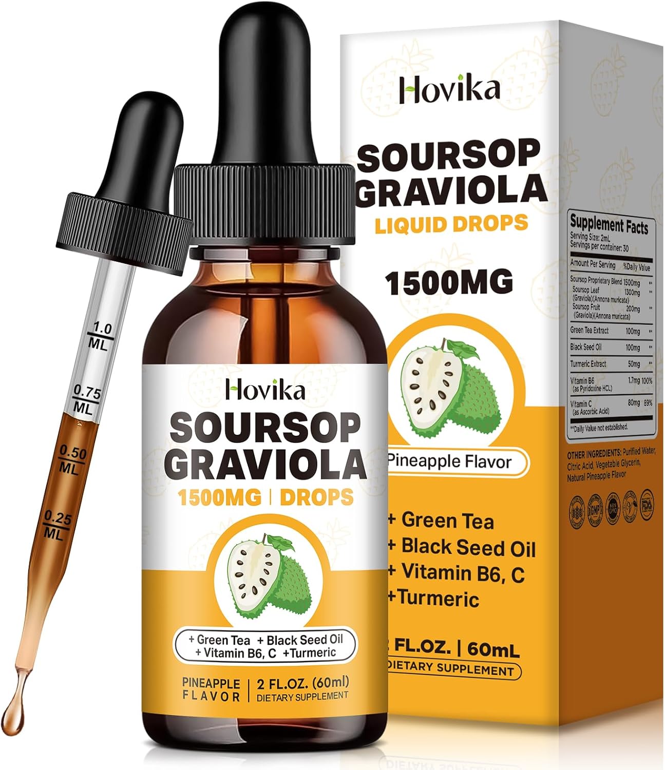 Soursop Graviola Liquid Drops 1500mg with Green Tea, Black Seed Oil, Turmeric 2 Fl Oz C835719