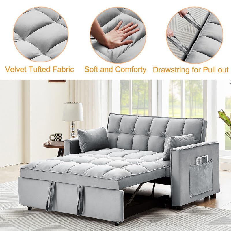 Beige Velvet Convertible Sleeper Sofa Bed with Pull Out Bed F662424