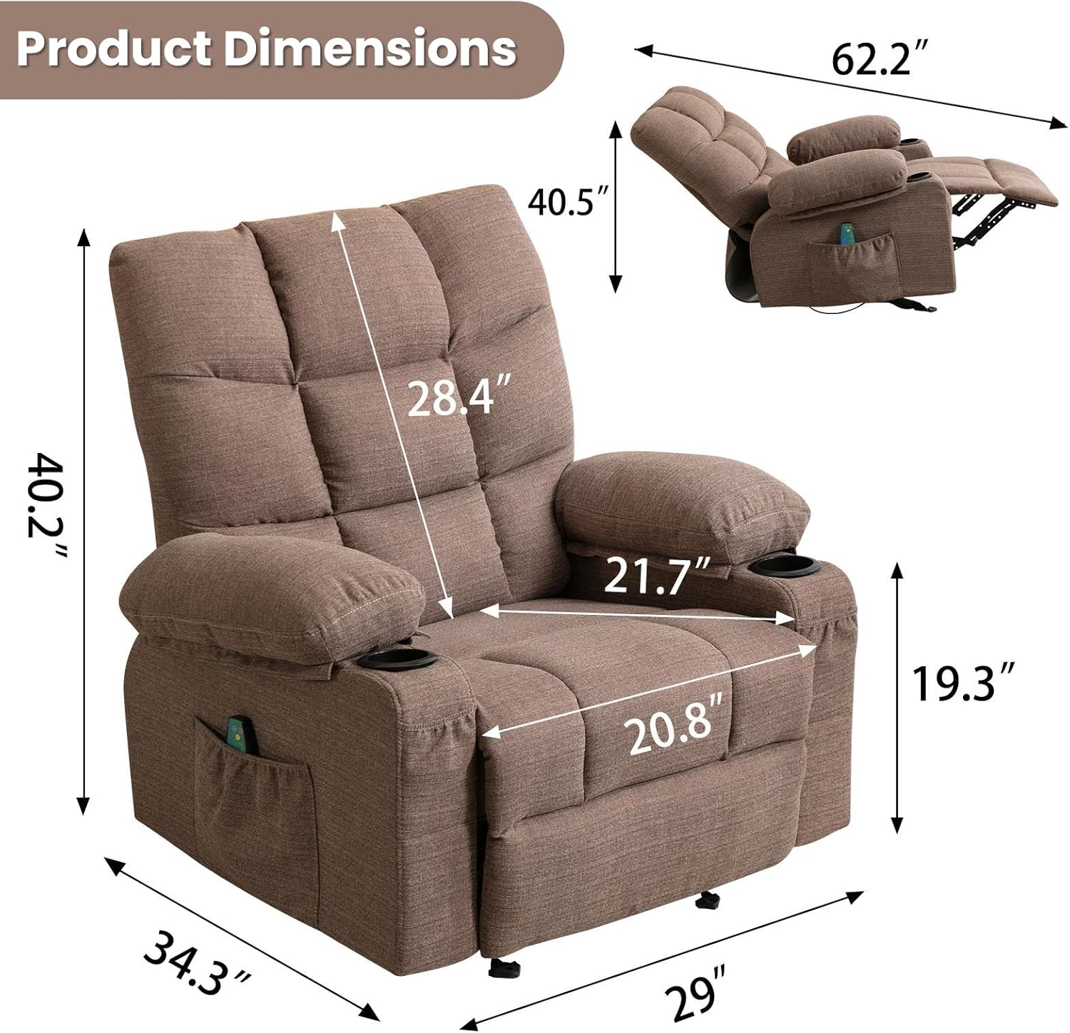 Brown Manual Fabric Recliner Chair with 8 Points Power Massage I27907
