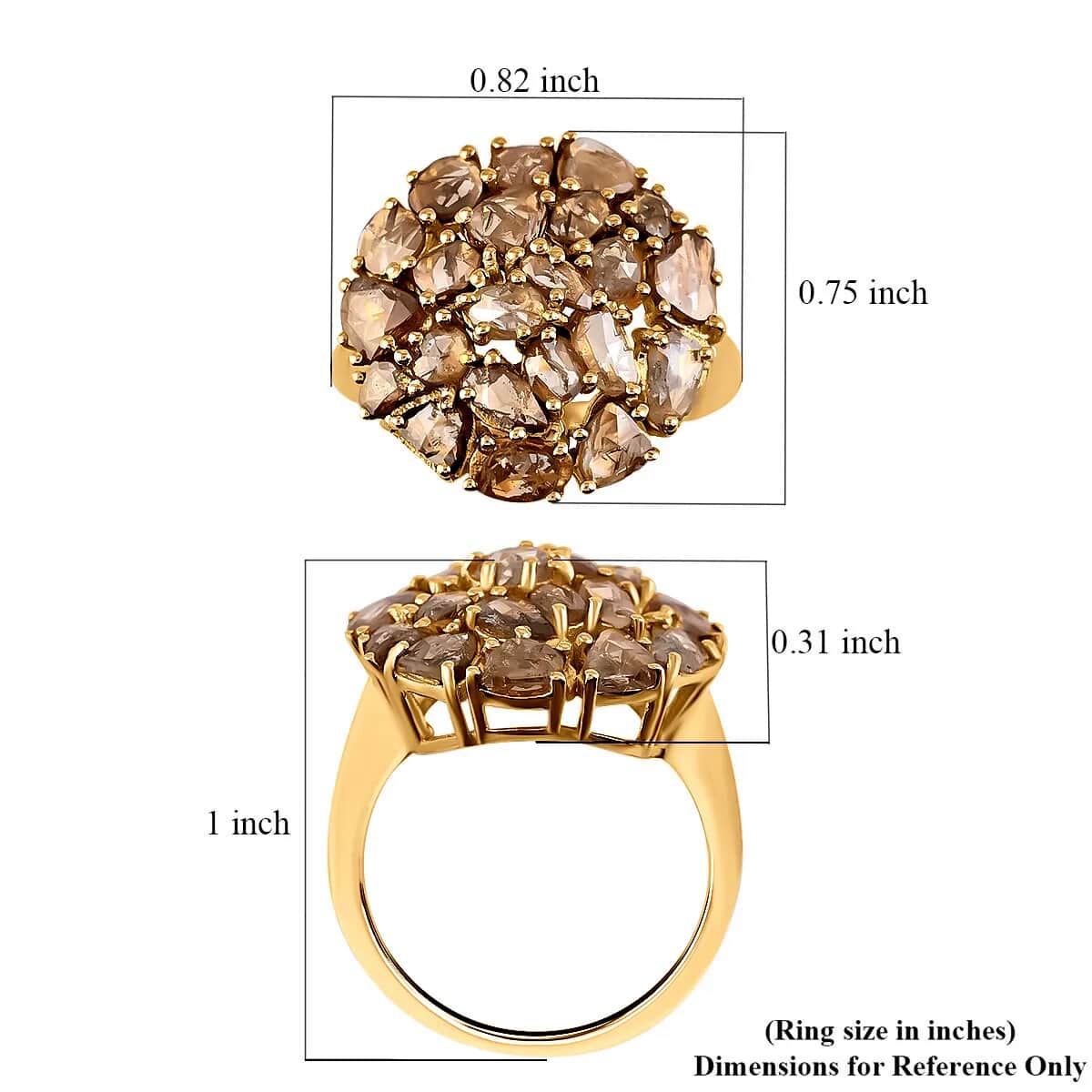 Champagne Diamond Mix 925 Sterling Silver 14K Yellow Gold Plated Cluster Ring Size 8 Z890