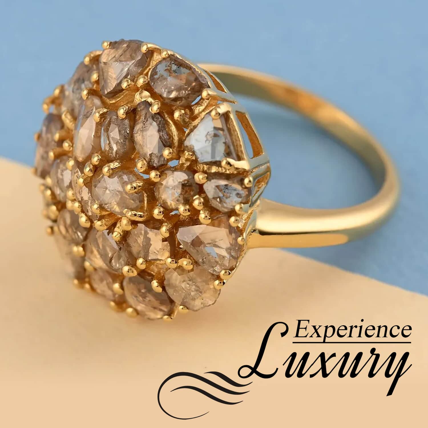 Champagne Diamond Mix 925 Sterling Silver 14K Yellow Gold Plated Cluster Ring Size 8 Z890