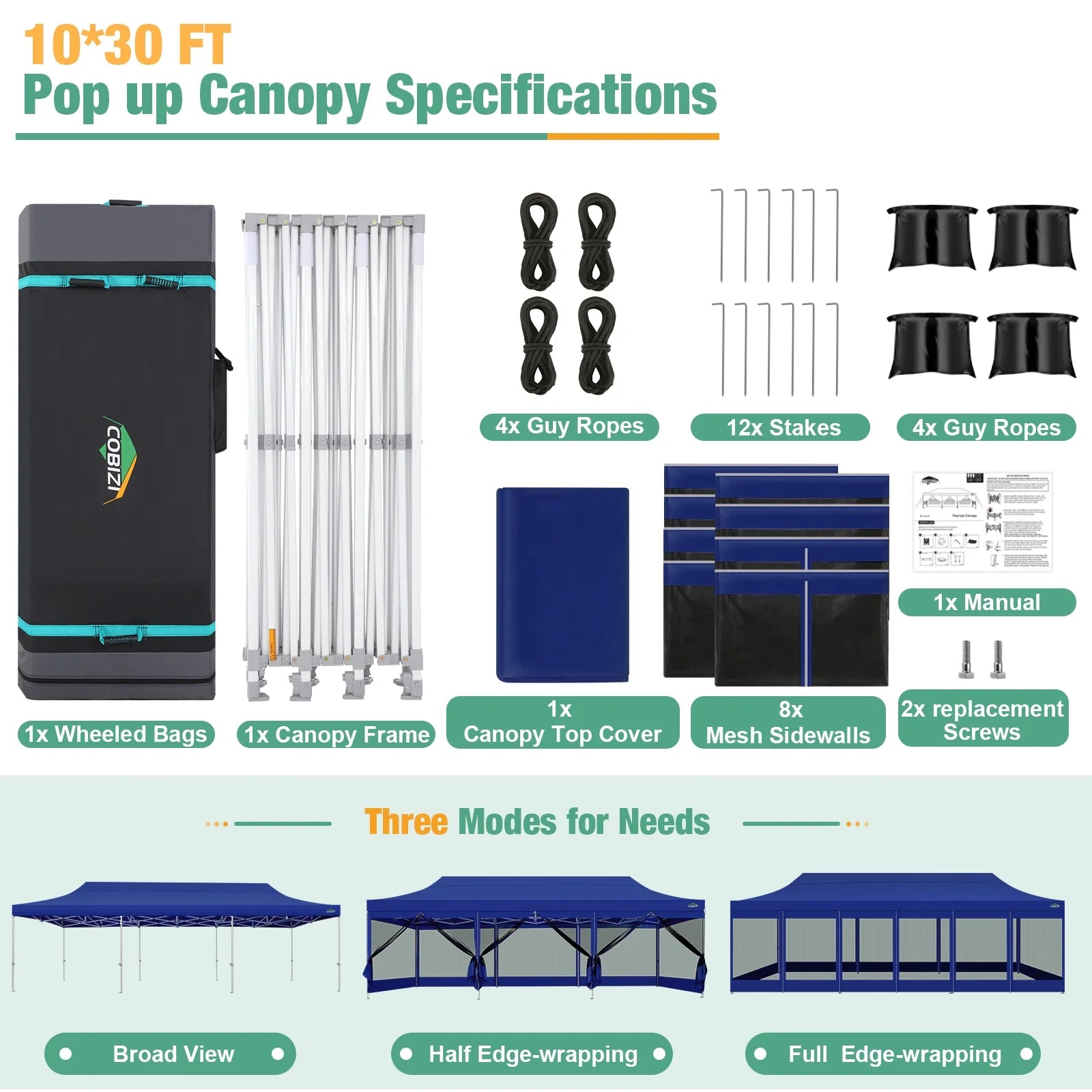 Dark Blue 10x30 Heavy Duty Pop Up Canopy with Netting Screened B704