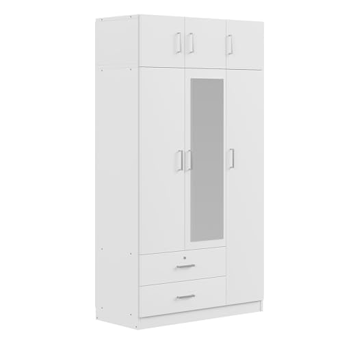 White 3-Door Wardrobe Closet with 1 Drawer and Top Cabinet F482