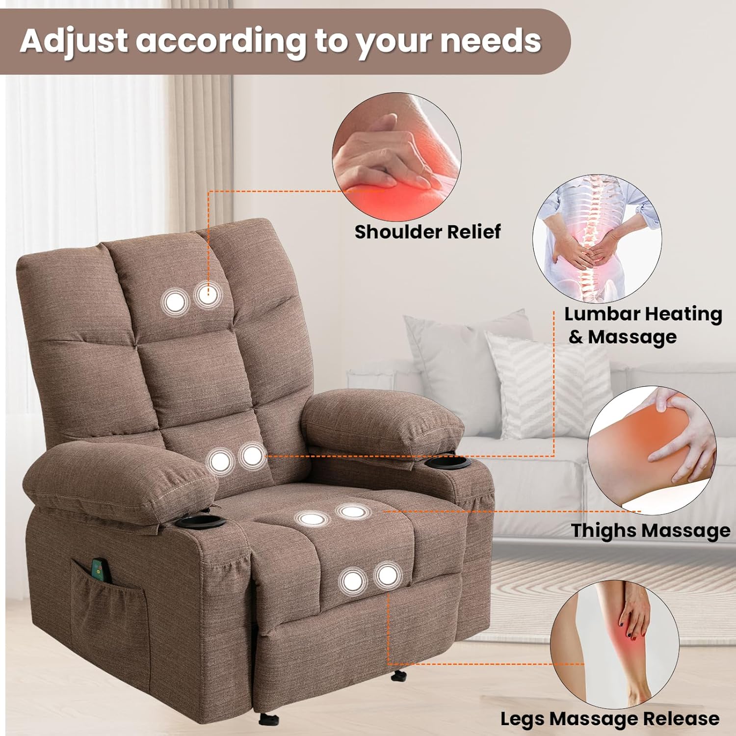 Brown Manual Fabric Recliner Chair with 8 Points Power Massage I27907