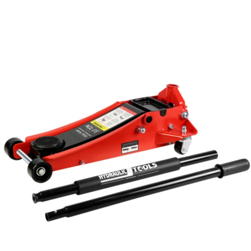 3T Low Profile Red Black Steel Floor Jack with Dual Pistons Quick Lift Pump U146