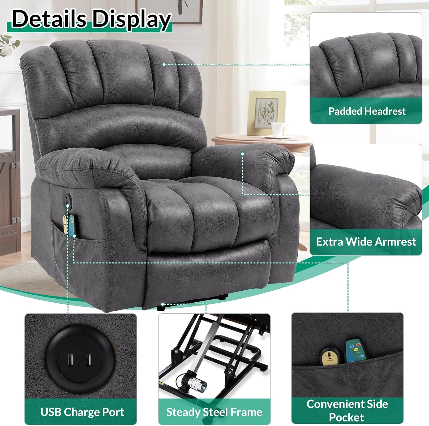 Gray Power Lift Recliner Chair with Heat & Massage O743