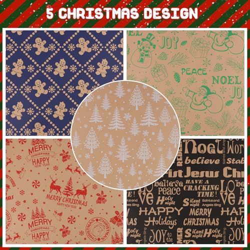 5 Rolls 17" x 120" Vintage Kraft Christmas Wrapping Paper Set B322