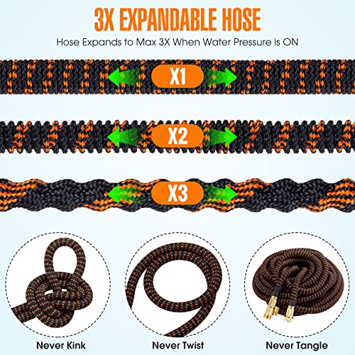 75 ft Expandable Garden Hose with 10 Pattern Spray Nozzle, 3/4 Solid Brass Connectors, Retractable Latex Core V232