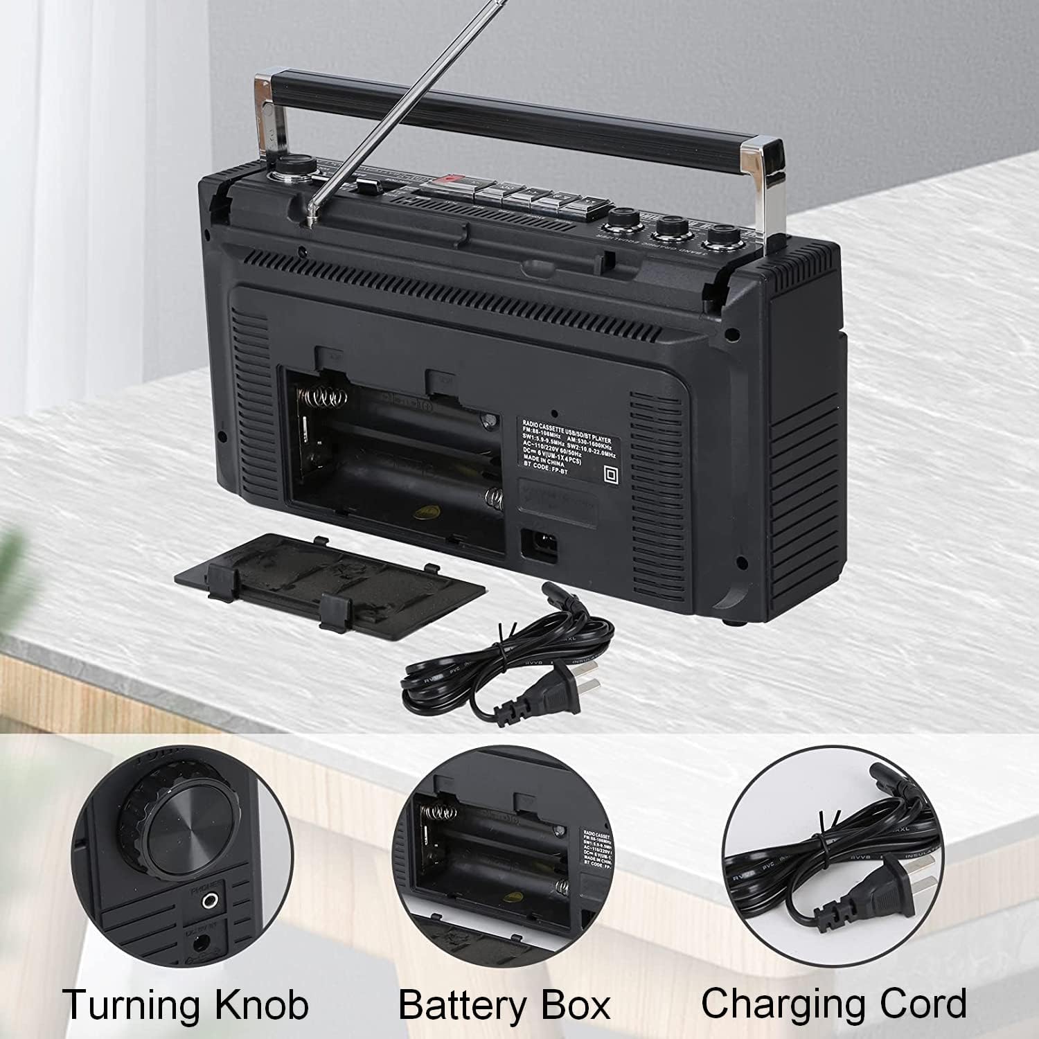 Portable Cassette Player Boombox AM/FM Radio Tape Player Recorder with Bluetooth Microphone F662865