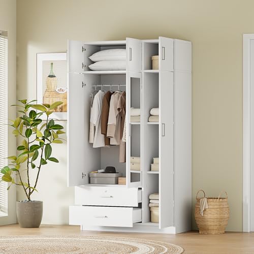 White 3-Door Wardrobe Closet with 1 Drawer and Top Cabinet F482