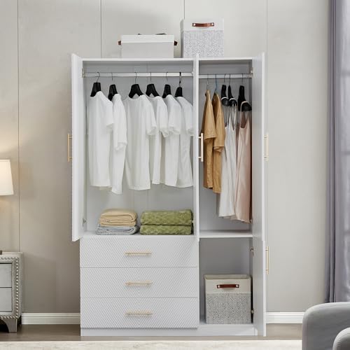 White 4 Doors 3 Drawers Wooden Closet Cabinet Wardrobe Armoire B133