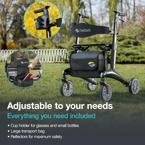 Ultralight Carbon Fiber 4-Wheel Rollator Walker, 12.3 lbs, 25.2" Width, 300 lbs Capacity, 8" Wheels, Foldable, Height Adjustable C9149