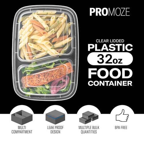 50-Pack 32 oz 2 Compartment Reusable BPA Free Plastic Food Storage Containers with Lids R92384