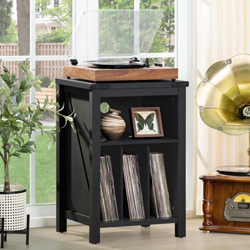 Rustic Brown Wood Record Player Stand with Vinyl Record Storage W79910