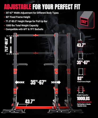 Squat Rack with Adjustable Pull-Up Bar & Extended Safety Arms, 35"-67" Width, Fixed 83” Frame Height X93970