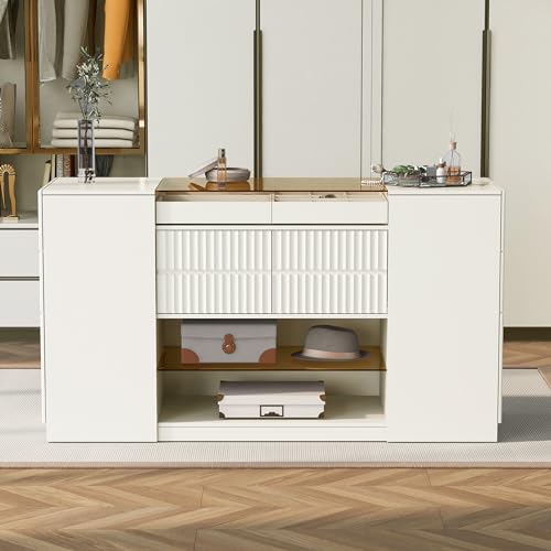 White Glass Top 6 Drawer Wooden Closet Storage Cabinet X713