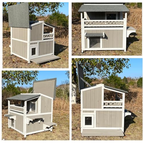 Two Story Wooden Cat House with Balcony Waterproof F771