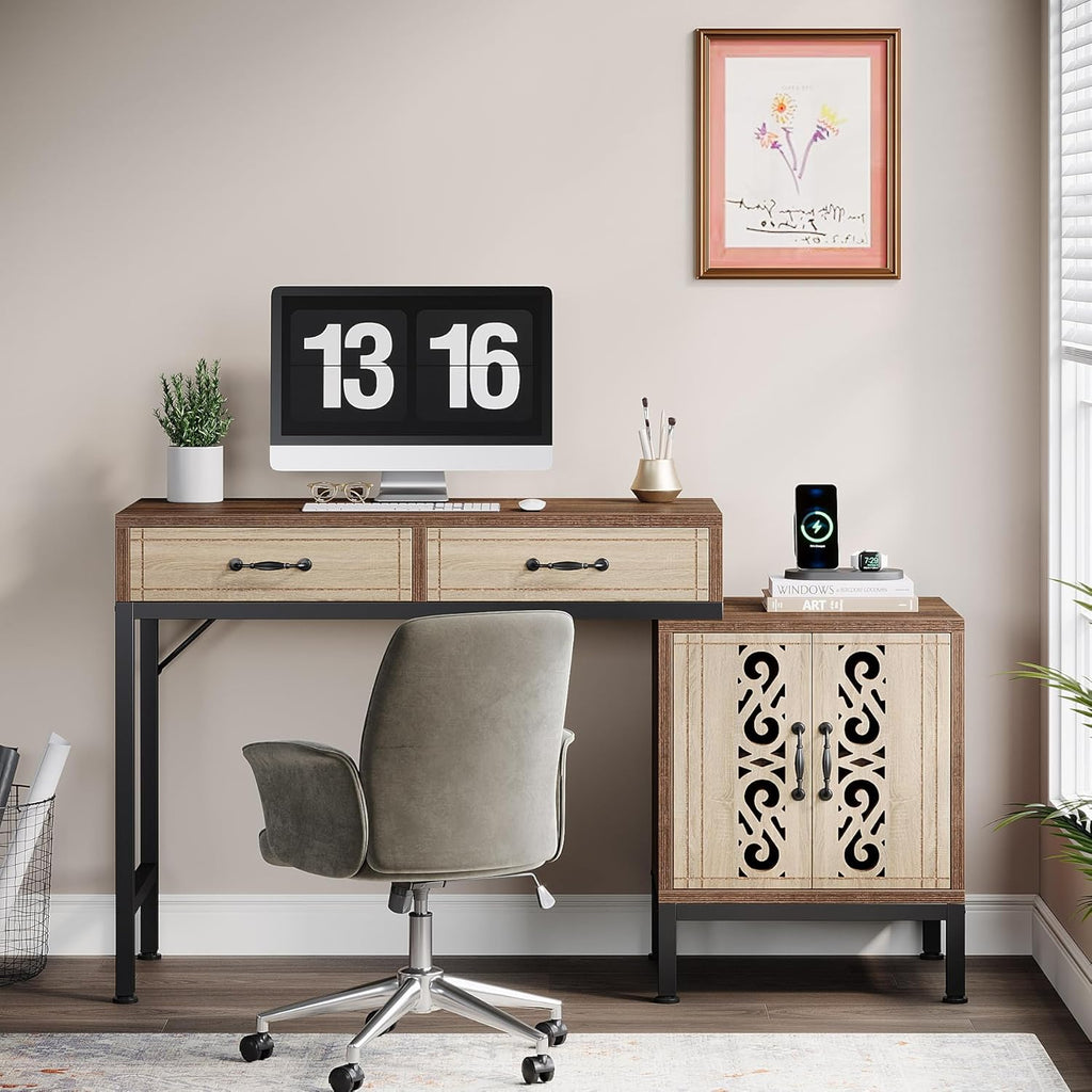 55-Inch Computer Desk with Drawers and Storage Cabinet, Brown O6477