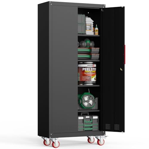 Metal Garage Storage Cabinet with 5 Adjustable Shelves, Lockable Heavy Duty Steel Cabinet with Wheels R1822