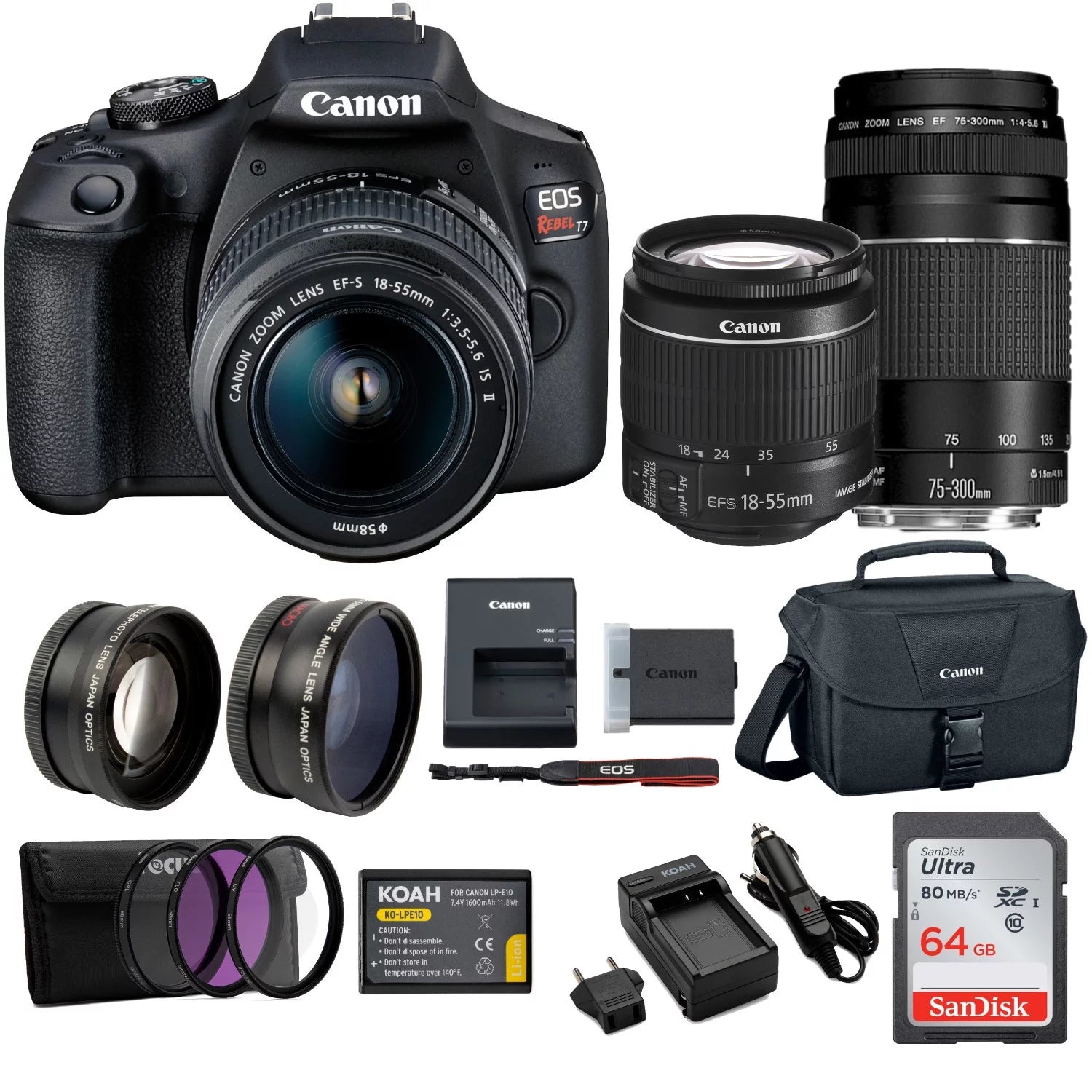 Canon EOS REBEL T7 with EF 18-55mm and EF 75-300mm Double Zoom Bundle S9827
