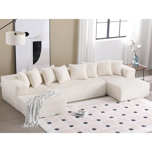 Beige 4-Seater Corduroy U-Shaped Sectional Sofa with 8 Pillows E55165