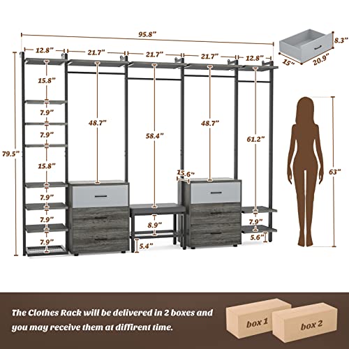 Grey Oak+Black Heavy Duty Wall Mounted Clothes Rack with 6-Drawers S688