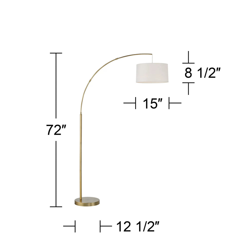 72" Tall Brass Metal Arc Floor Lamp with White Linen Drum Shade M303690