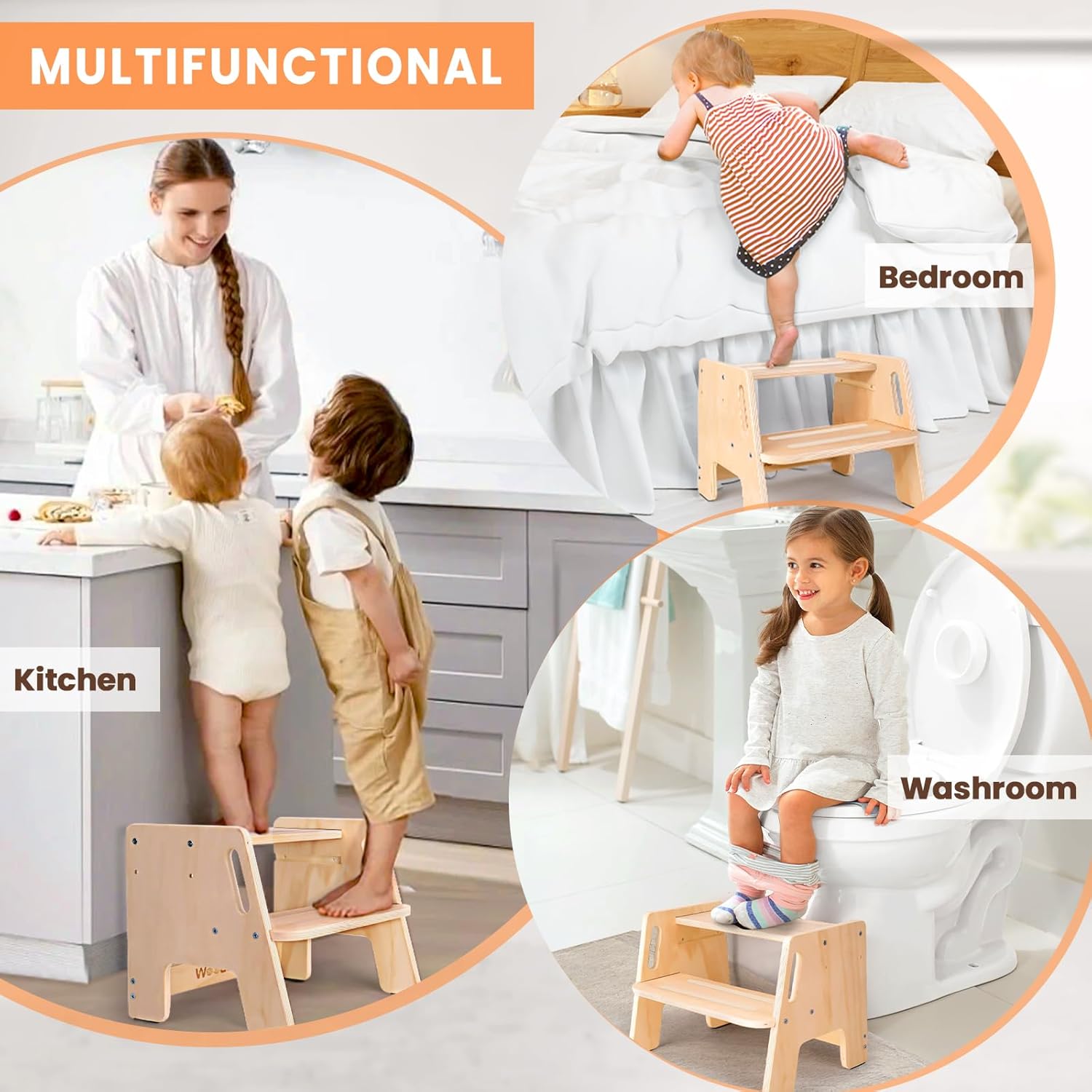 2 Pack Wooden Height-Adjustable 2-Step Stool with Handles Y947373