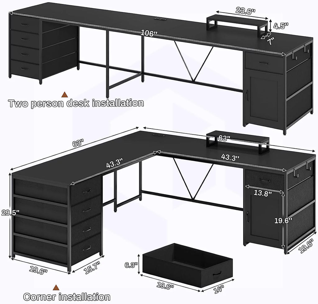 Black 63" Reversible L Shaped Desk with 5 Drawer and Power Outlet G93104