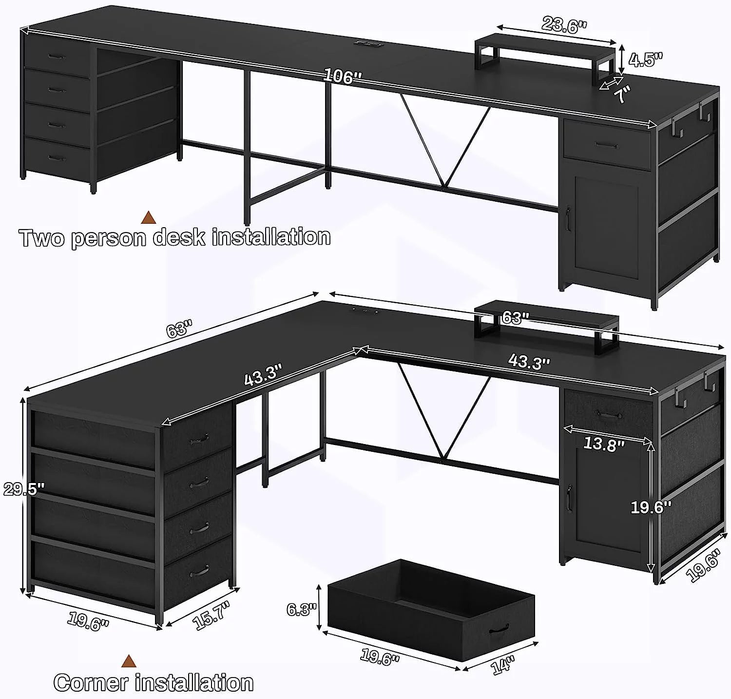 Black 63" Reversible L Shaped Desk with 5 Drawer and Power Outlet G93104