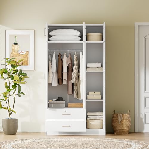 White 3-Door Wardrobe Closet with 1 Drawer and Top Cabinet F482