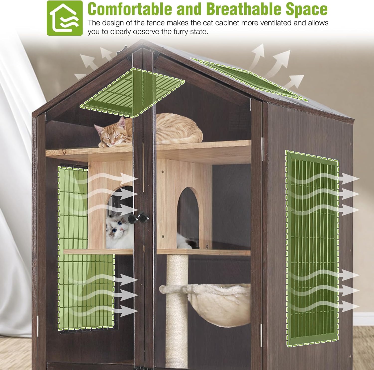 Large Wooden Cat Enclosure with Waterproof Roof, 7 Platforms, 2 Resting Box T730686