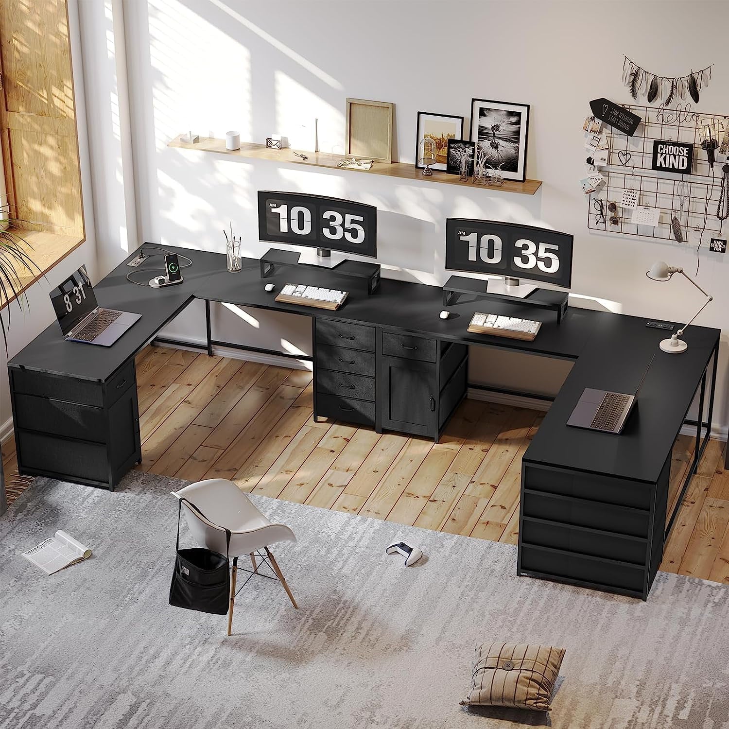 Black 63" Reversible L Shaped Desk with 5 Drawer and Power Outlet G93104