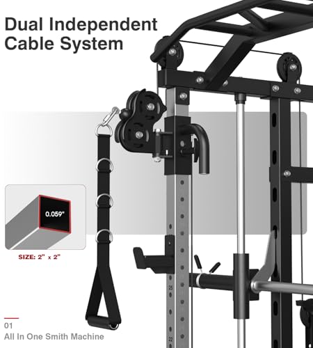 Smith Machine with Weight Stacks Power Cage Squat Rack Dual Cable Crossover Machine Home Gym Station LAT Pull Down F61115