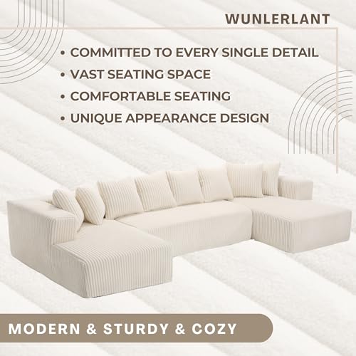 Beige 4-Seater Corduroy U-Shaped Sectional Sofa with 8 Pillows E55165