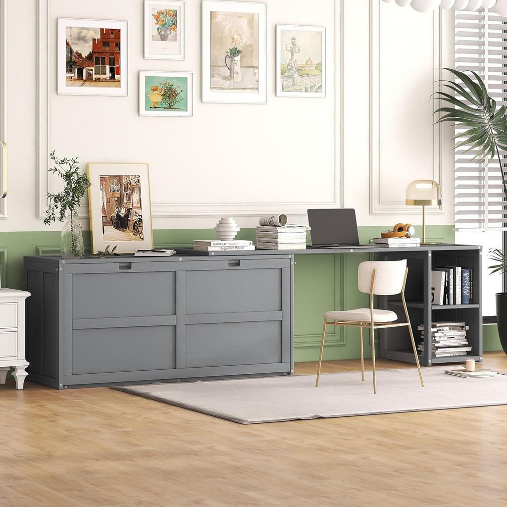 Gray Queen Size Murphy Cabinet Bed with Rotatable Desk and Shelves I192