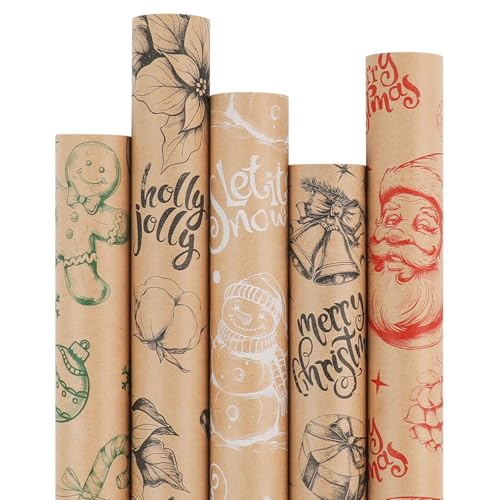 5 Rolls 17" x 120" Vintage Kraft Christmas Wrapping Paper Set B322