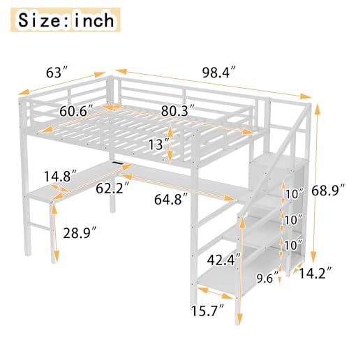 Queen Size Metal Loft Bed with LED Lights & USB Ports, White N999042