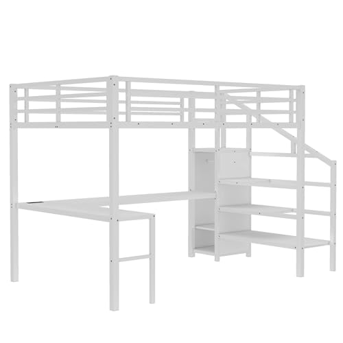 Queen Size Metal Loft Bed with LED Lights & USB Ports, White N999042