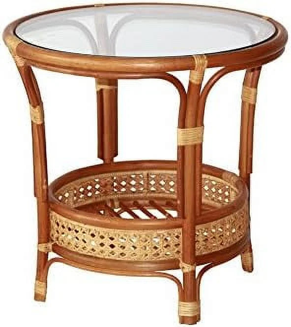 Natural Rattan Round Coffee Table with Glass Top Dark Brown D66908