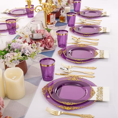 350PCS Clear Gold Plastic Plates Dinnerware Sets O670