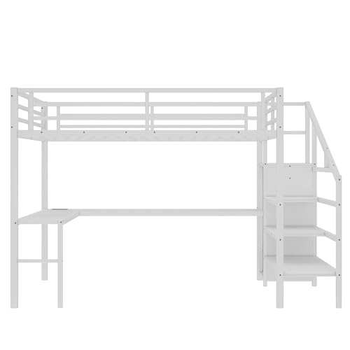 Queen Size Metal Loft Bed with LED Lights & USB Ports, White N999042